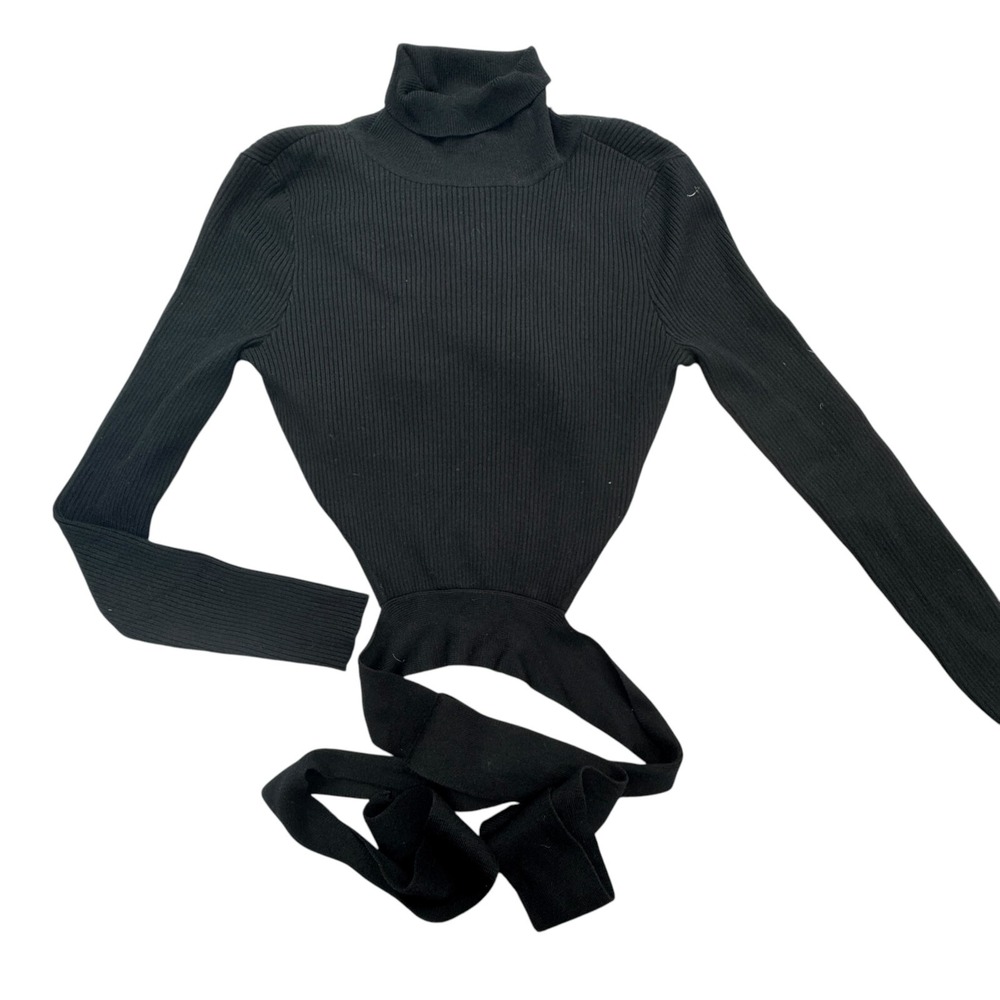 Bebe Cropped Sweater Womens Large Black Ribbed Wrap Turtleneck Tie-Waisted